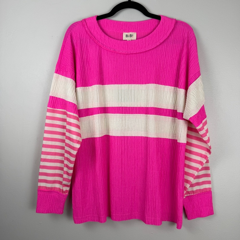 Bibi Sweater Women's Small Pink White Striped Round Neck Casual Knitted Pullover